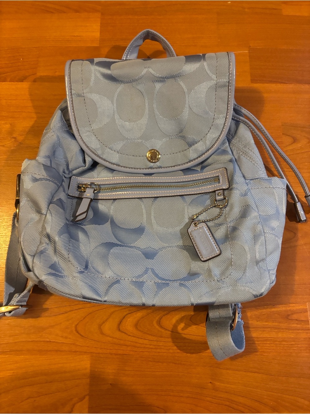 Coach Light Blue Signature Mini Backpack with Front Zip Pocket